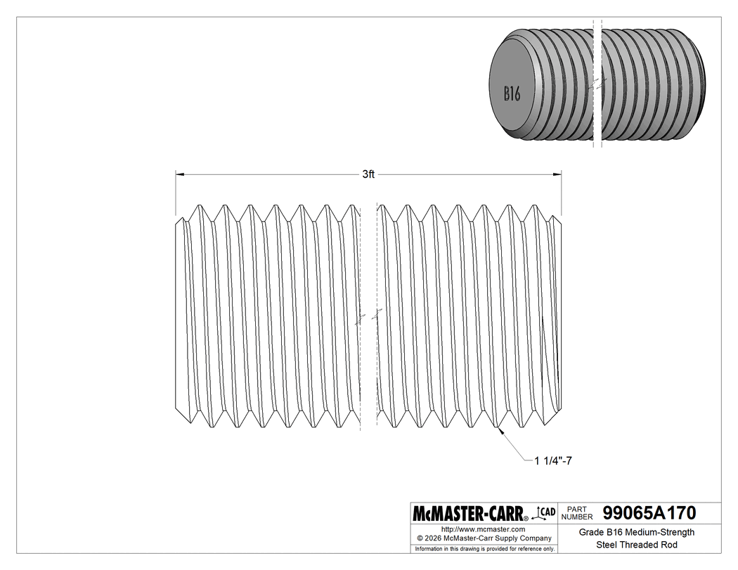 Technical Drawing of Grade B16 Medium-Strength Steel Threaded Rod, 1-1/4"-7 Thread Size, 3 Feet Long.